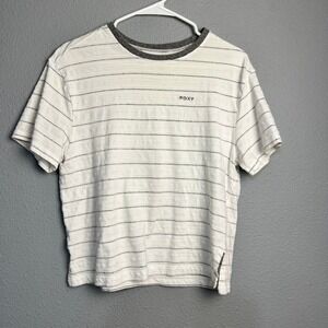 Roxy Striped T Shirt White Grey Cropped Short Sleeve Crew Neck Casual Top XSmall